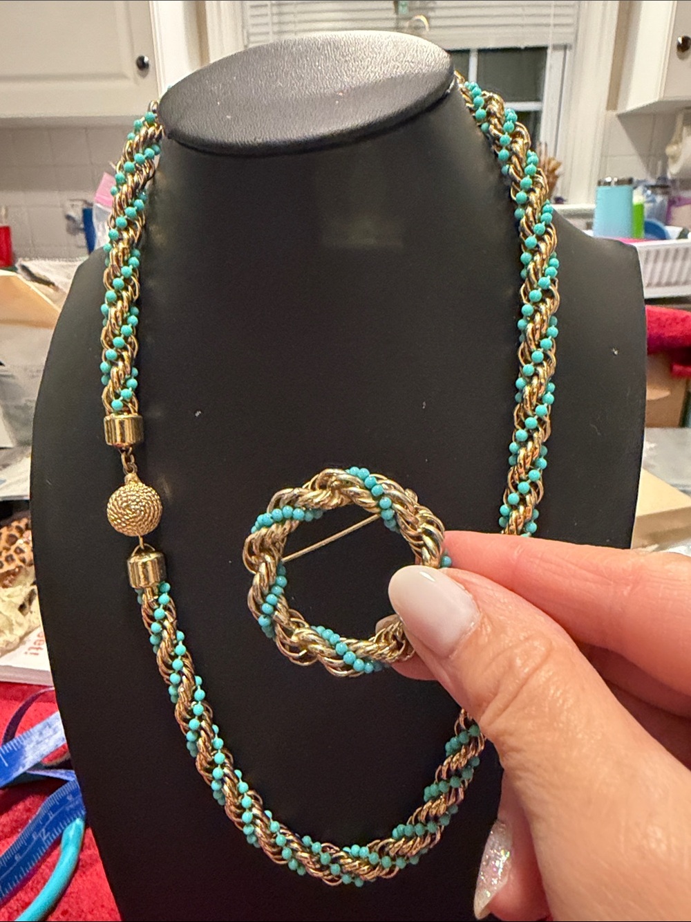 Vintage Avon like-new Gold-Tone Braided Necklace/ Brooch Set wTurquoise Beads